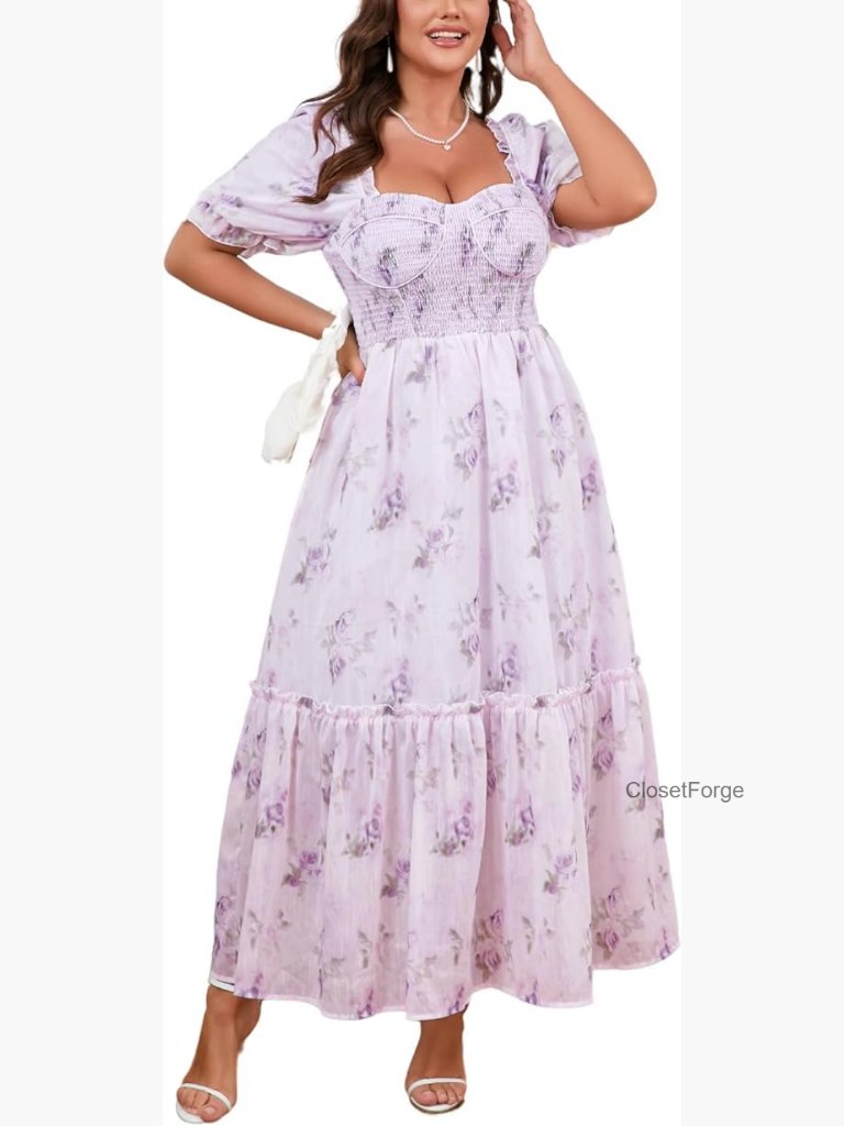 Plus Size Floral Maxi Dress Puff Sleeve Smocked Corset Cottagecore